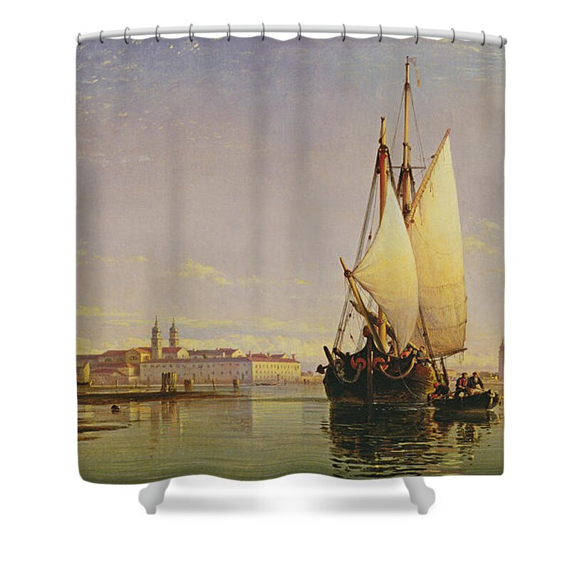 Lagoon Shower Curtain featuring the painting The Euganean Hills and the Laguna of Venice - Trabaccola Waiting for the Tide Sunset by Edward William Cooke