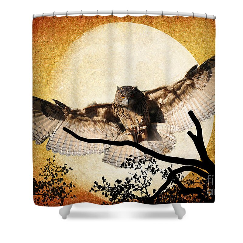 Textures Shower Curtain featuring the photograph The Eurasian Eagle Owl And The Moon by Kathy Baccari