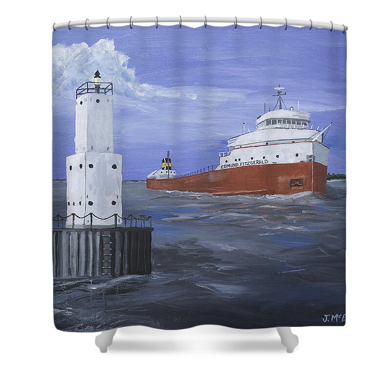 Lighthouse Shower Curtain featuring the painting The Fitz Departs Escanaba by Jerry McElroy