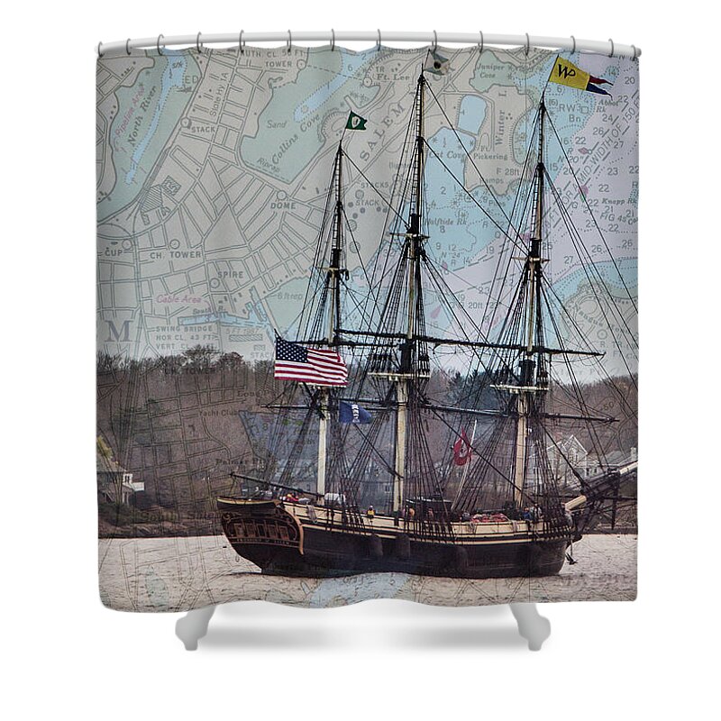 Salem Shower Curtain featuring the photograph The Friendship sails home to Salem by Jeff Folger