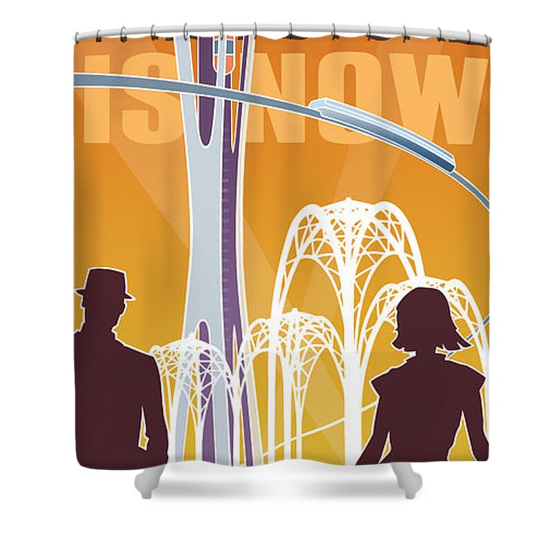 Mid Century Shower Curtain featuring the digital art The Future is Now - orange by Larry Hunter