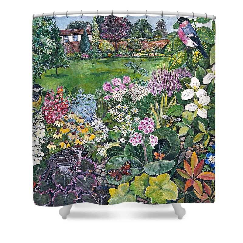 Bullfinch Shower Curtain featuring the painting The Garden With Birds And Butterflies by Hilary Jones