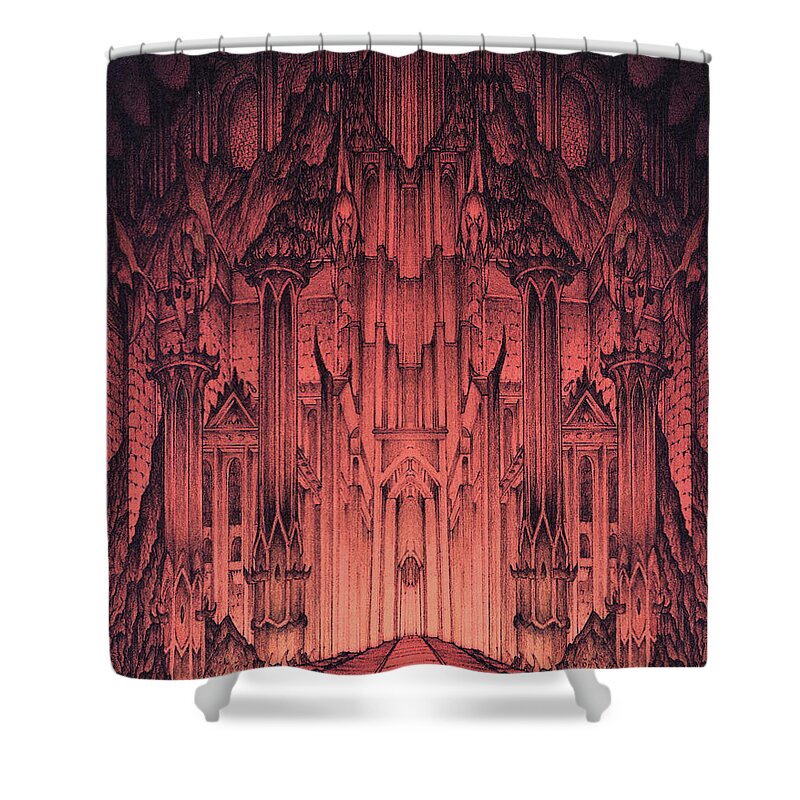 Barad Dur Shower Curtain featuring the mixed media The Gates of Barad Dur by Curtiss Shaffer