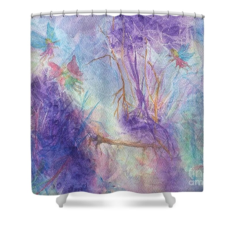 Fairy Shower Curtain featuring the painting The Gathering by Ellen Levinson