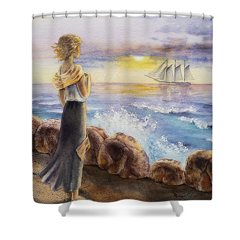 Girl Shower Curtain featuring the painting The Girl And The Ocean by Irina Sztukowski