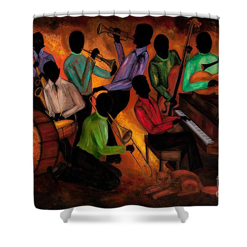 Cat Shower Curtain featuring the painting The GitDown HoeDown by Larry Martin
