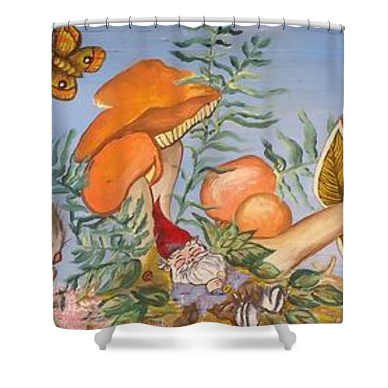 Gnome Shower Curtain featuring the painting The Gnome Garden by Leslie Manley