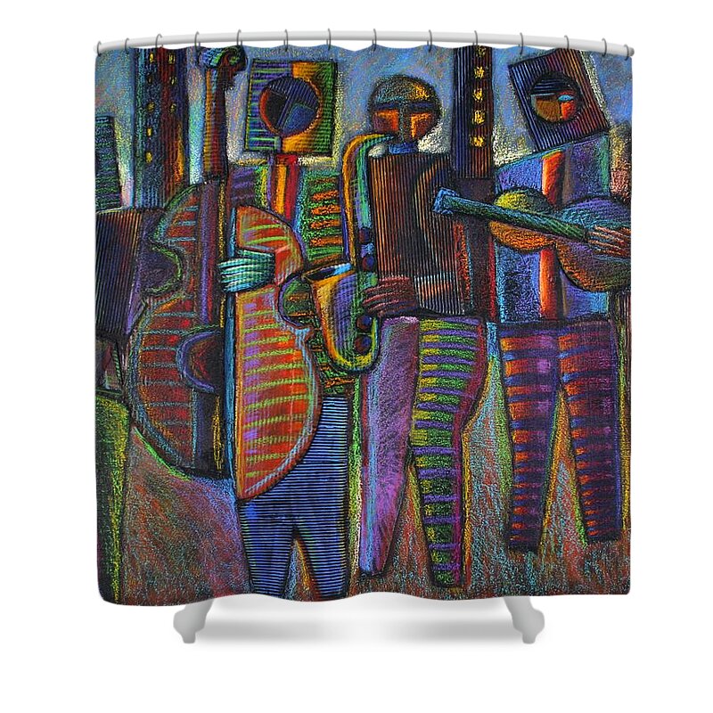 Mixed Media Shower Curtain featuring the painting The Gods Of Music Come To New York by Gerry High