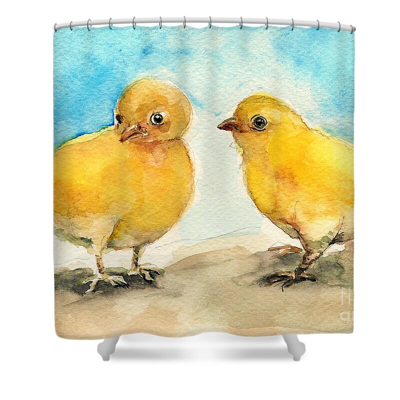 Chicks Shower Curtain featuring the painting The gossiping chicks by Asha Sudhaker Shenoy