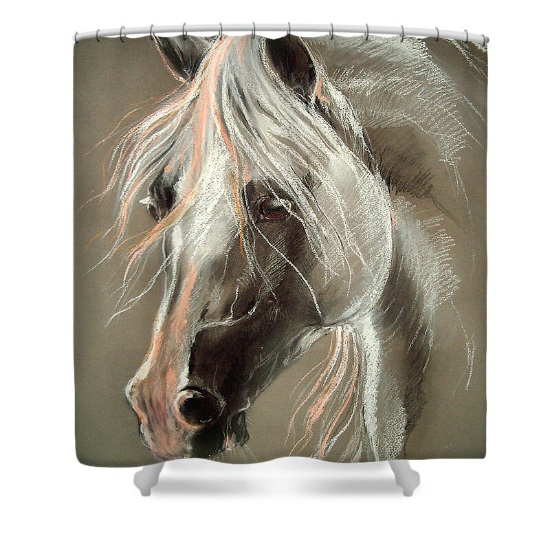 Pastel Shower Curtain featuring the drawing The Grey Horse Soft Pastel by Ang El