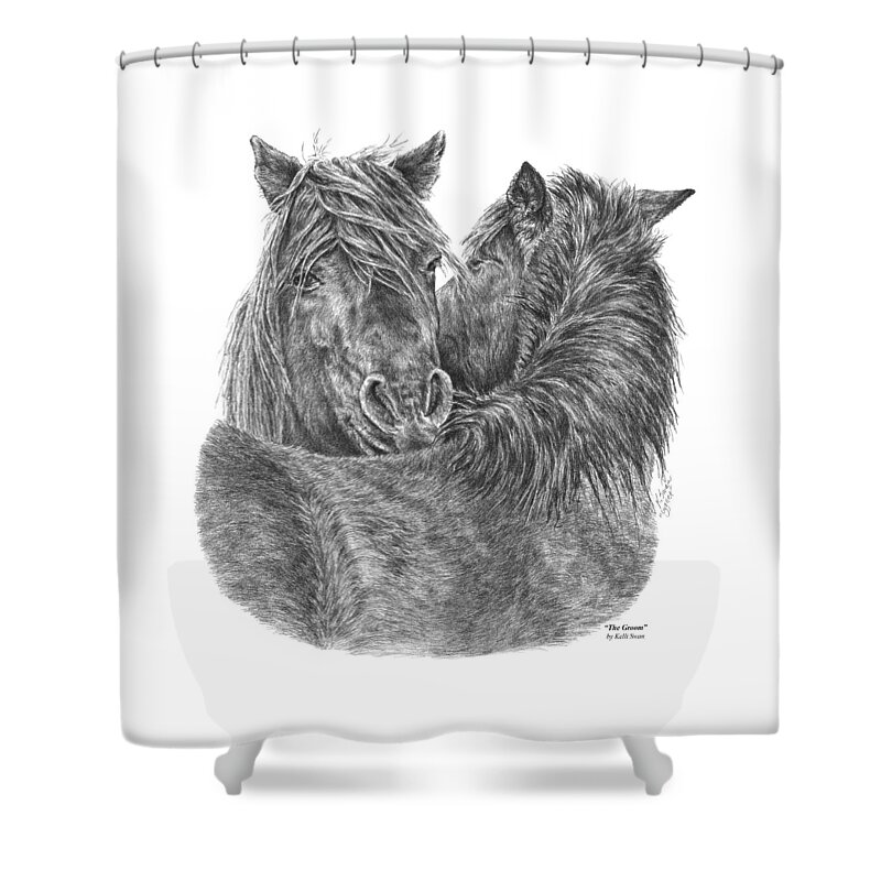 Chincoteague Pony Shower Curtain featuring the drawing The Groom - Chincoteague Pony Print by Kelli Swan