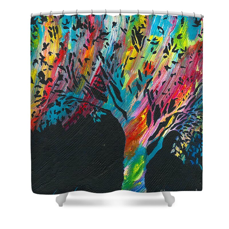 Multicolored Tree Shower Curtain featuring the painting The Happy Tree by Denise Hoag