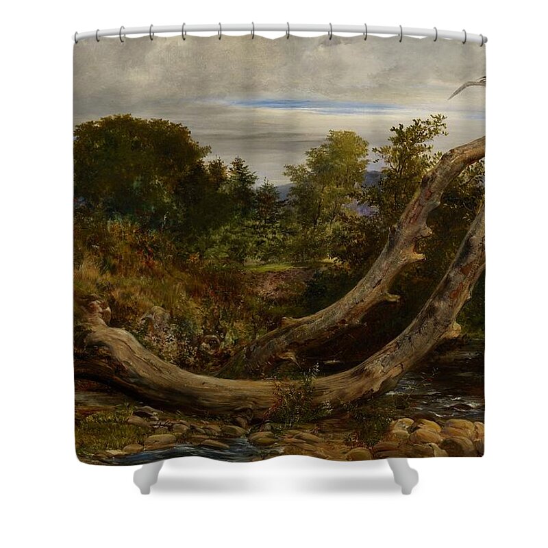 Heron; Herons; Bird; Birds; Disturbed; Flight; Flying; Landscape; Nature; Wildlife; Interruption; Stream; Creek; Brook; Countryside Shower Curtain featuring the painting The Heron Disturbed by Richard Redgrave