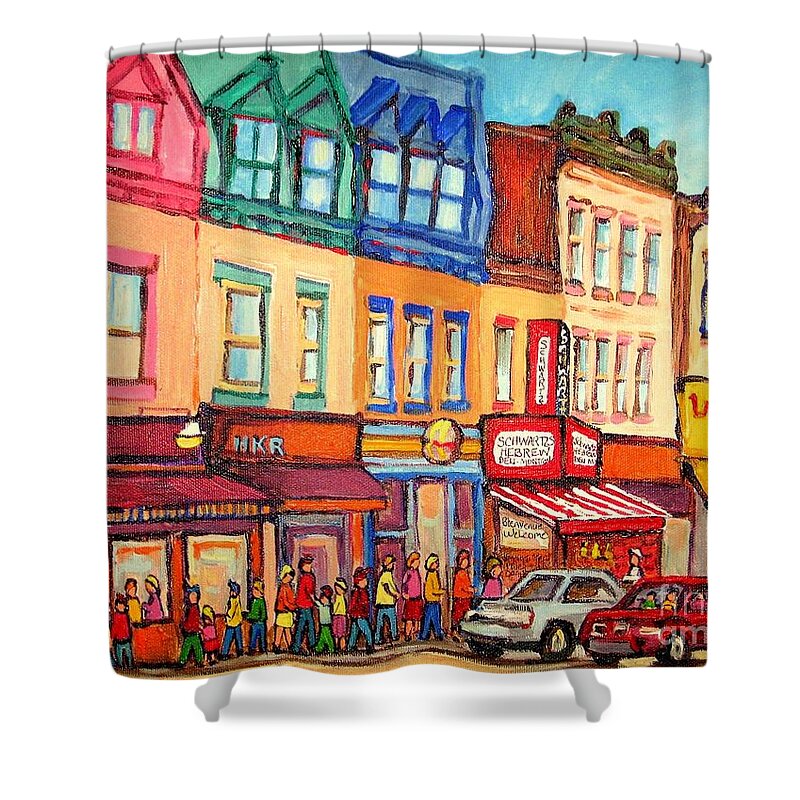 Warshaw's Fruit Market Shower Curtain featuring the painting The Jewish Street Warshaw's Bargain Fruit Market Montreal Paintings City Scne Art Carole Spandau by Carole Spandau