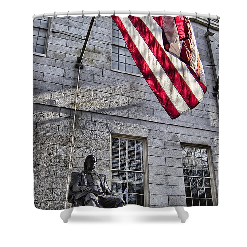 The John Harvard Statue Shower Curtain featuring the photograph The John Harvard Statue by Douglas Barnard