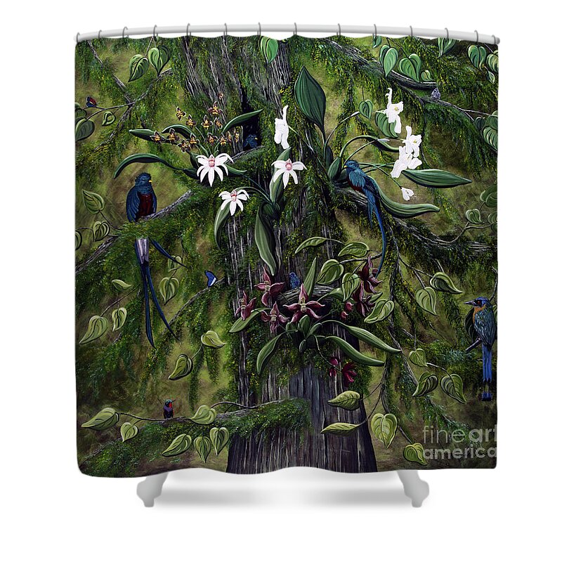 Quetzal Birds Shower Curtain featuring the painting The Jungle of Guatemala by Jennifer Lake