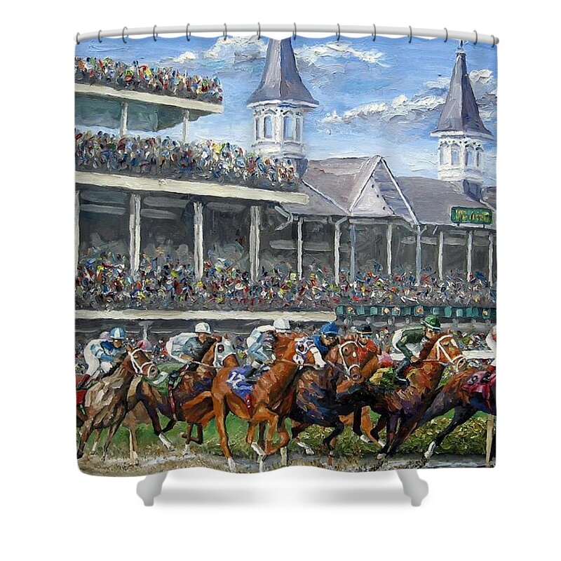 Kentucky Derby Shower Curtain featuring the painting The Kentucky Derby - Churchill Downs by Mike Rabe