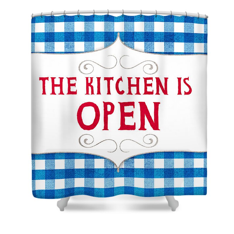 Kitchen Shower Curtain featuring the painting The Kitchen Is Open by Linda Woods