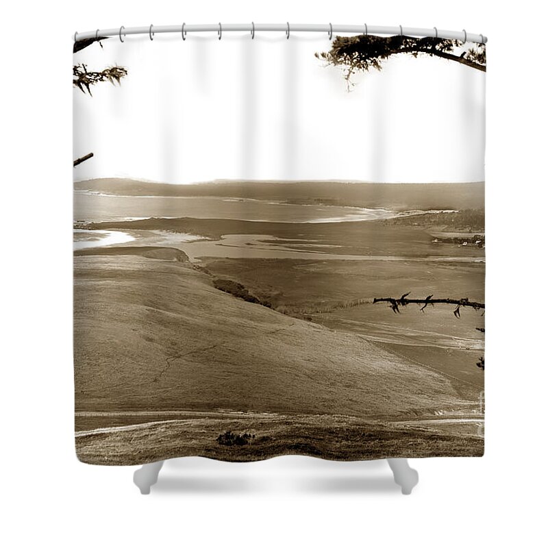  Lagoon Shower Curtain featuring the photograph The lagoon at the mouth of the Carmel River from Fish Ranch California 1905 by Monterey County Historical Society