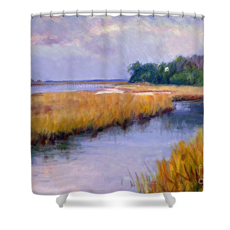 Marsh Shower Curtain featuring the painting The Landing at Dusk by Candace Lovely