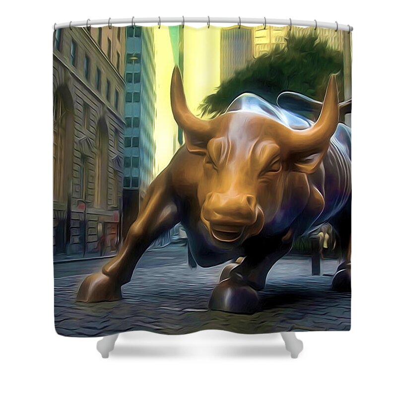 Charging Bull Statue At Bowling Green Is A Symbol Of The Perseverance Of The American People Shower Curtain featuring the painting The Landmark Charging Bull In Lower Manhattan 2 by Jeelan Clark
