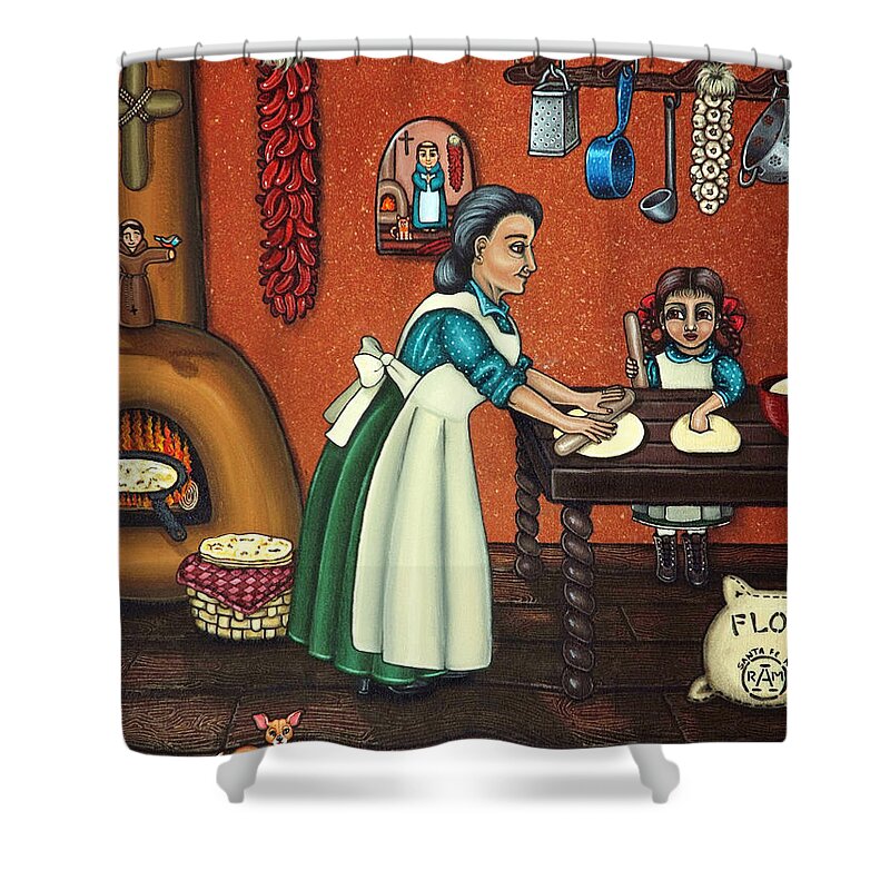 Folk Art Shower Curtain featuring the painting The Lesson or Making Tortillas by Victoria De Almeida