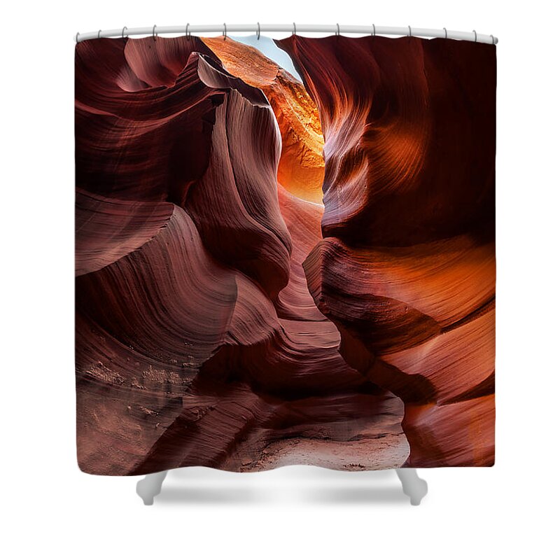 Antelope Canyon Shower Curtain featuring the photograph The Light at the End of the Canyon by Jason Chu