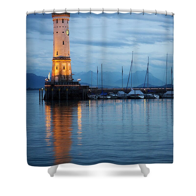 Lindau Shower Curtain featuring the photograph The lighthouse of Lindau by night by Nick Biemans