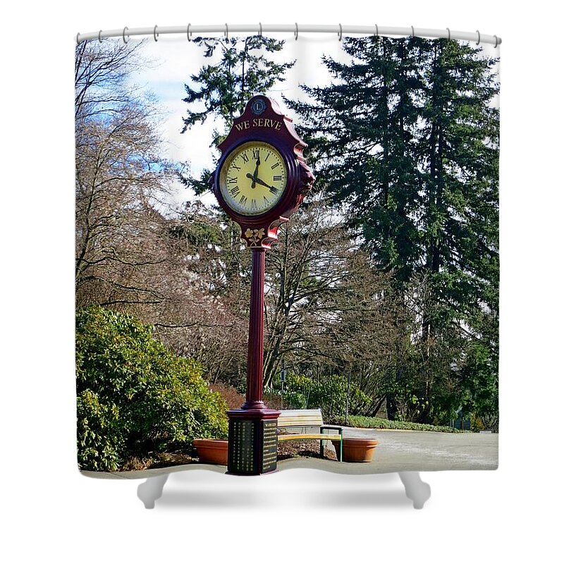 Clock Shower Curtain featuring the photograph The Lions Clock at Queen Elizabeth Park by Lena Photo Art
