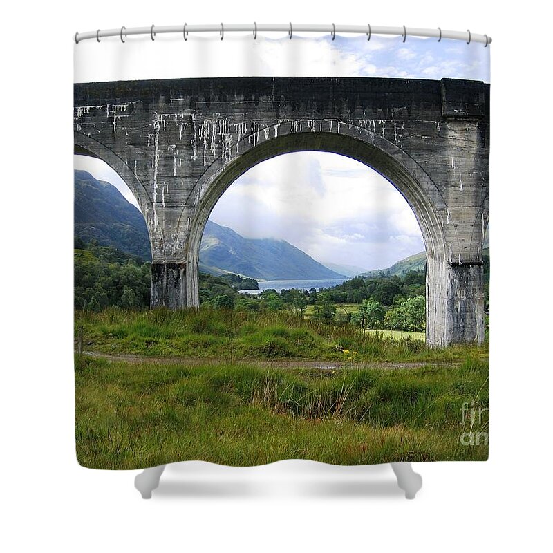 Scottish Highlands Shower Curtain featuring the photograph The Loch and The Viaduct by Denise Railey