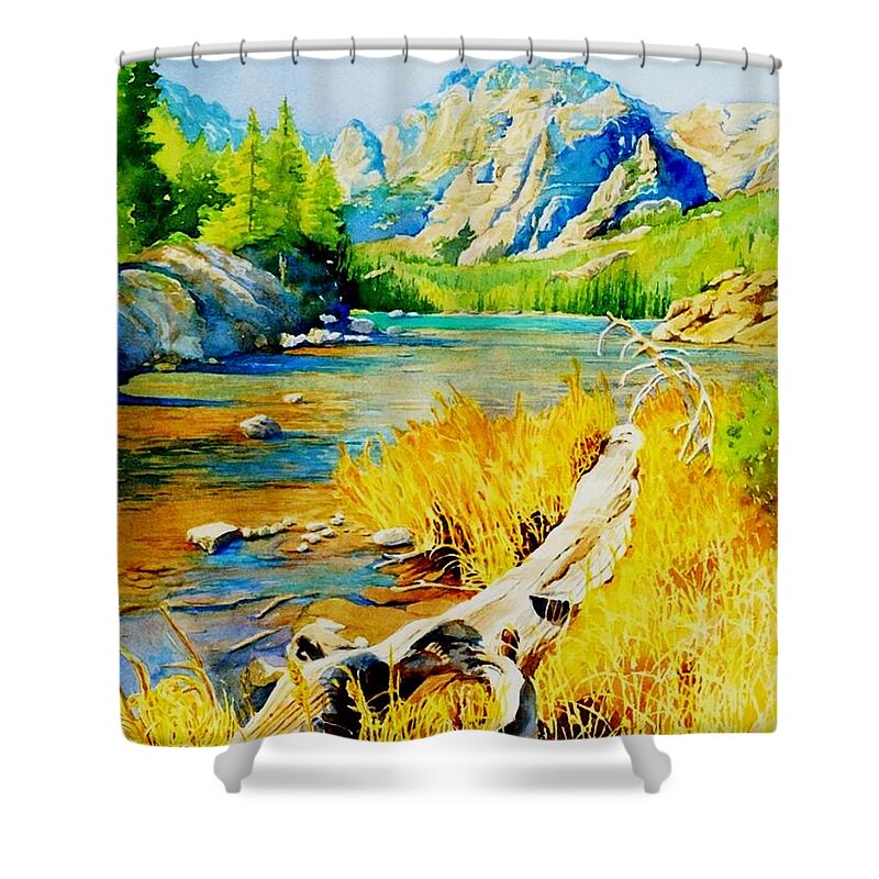Landscape Of A Colorado Mountain River Scene. The Clear River Reflects The Yellow Shower Curtain featuring the painting The Loch by Brenda Beck Fisher