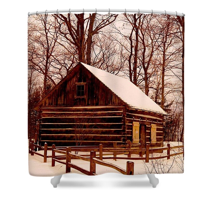 Winter Shower Curtain featuring the photograph The Log Cabin at Old Mission Point by Daniel Thompson