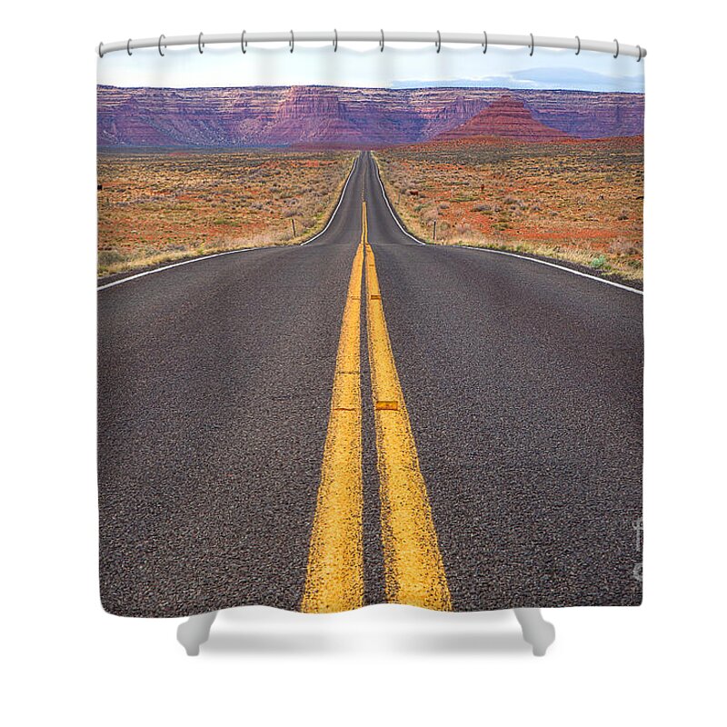 Red Soil Shower Curtain featuring the photograph The Long Road Ahead by Jim Garrison