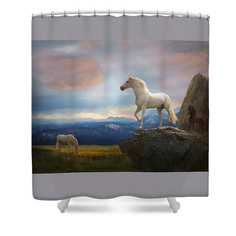 White Stallions Shower Curtain featuring the photograph The Look Out by Melinda Hughes-Berland