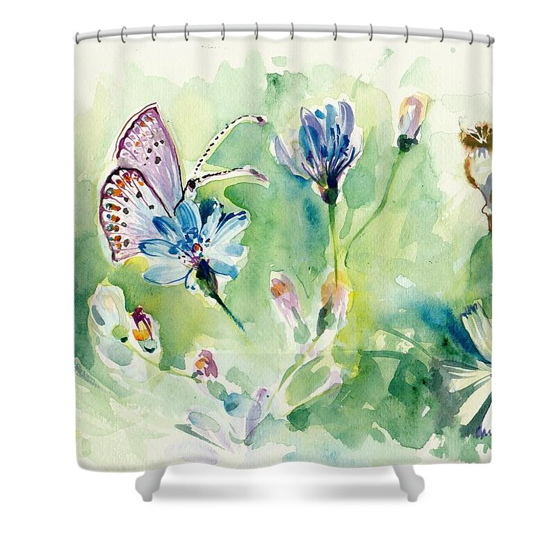 Butterfly And Chicory Shower Curtain featuring the painting The Love Between Butterfly and Chicory by Tiberiu Soos