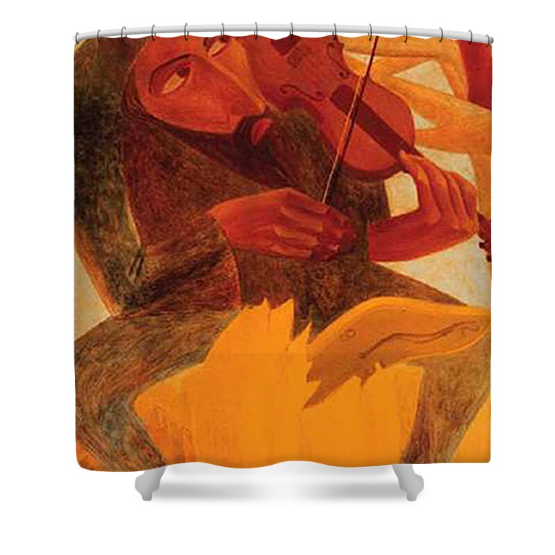 The Man And Mouse Shower Curtain featuring the painting The Man and Mouse by Israel Tsvaygenbaum