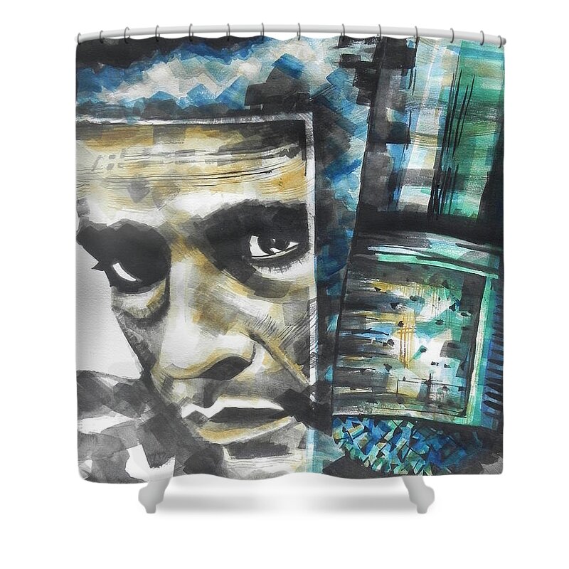 Watercolor Painting Shower Curtain featuring the painting The Man In Black Singer Johnny Cash by Chrisann Ellis
