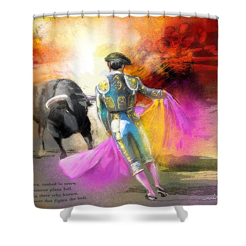 Bulls Shower Curtain featuring the painting The Man Who Fights The Bull by Miki De Goodaboom