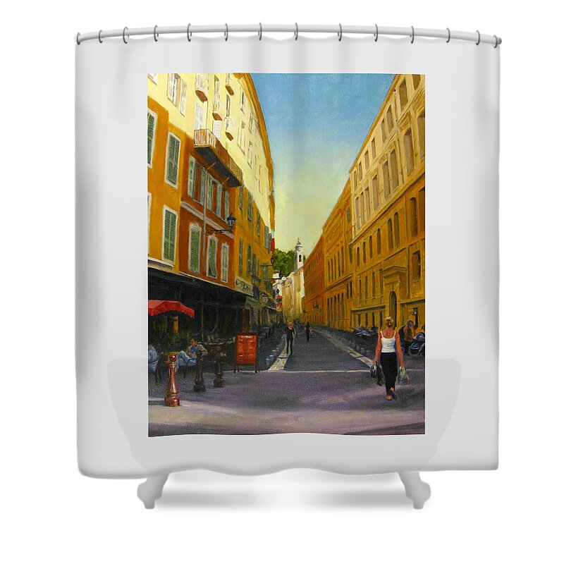 Nice Shower Curtain featuring the painting The Morning's Shopping in Vieux Nice by Connie Schaertl