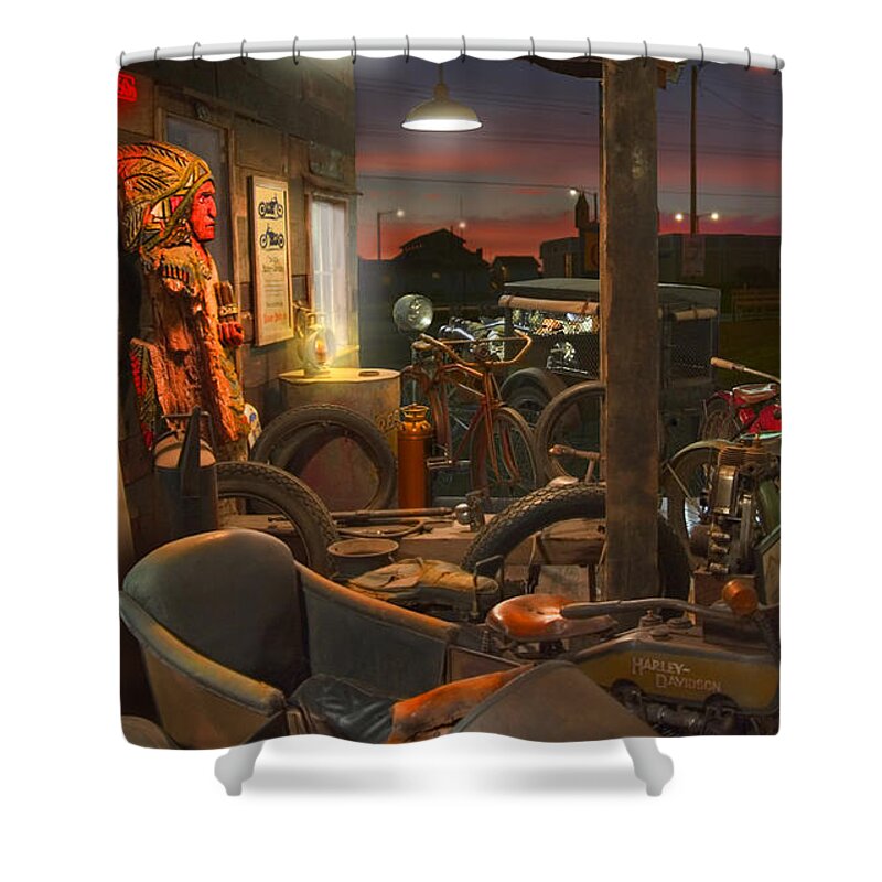 Motorcycle Shower Curtain featuring the photograph The Motorcycle Shop 2 by Mike McGlothlen