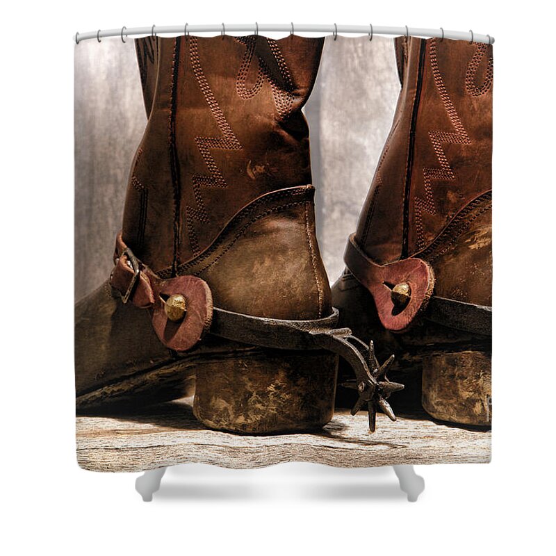 Cowboy Shower Curtain featuring the photograph The Muddy Boots by Olivier Le Queinec