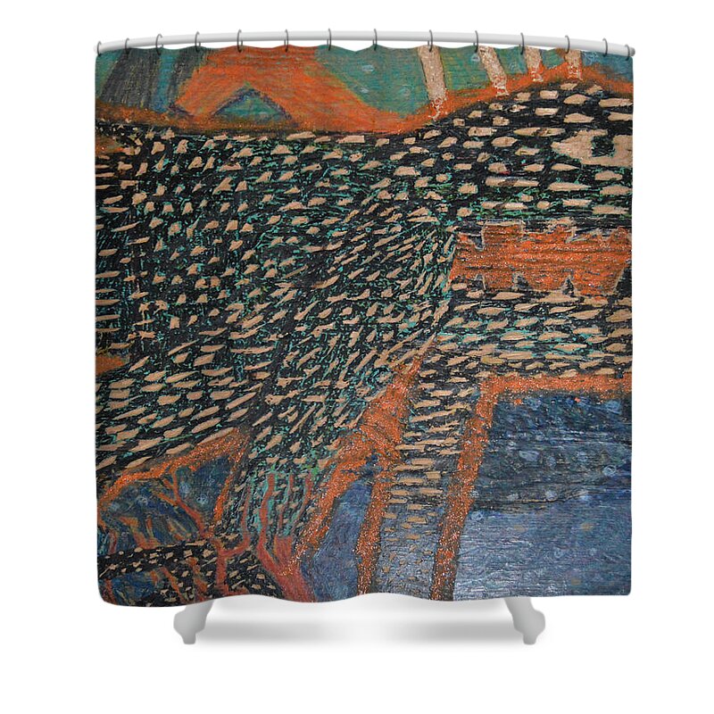 Abstract Modern Outsider Raw Monster Character Eye Face Animal Tail Fingers Shower Curtain featuring the painting The Non-Erring Line Is A Papercut by Nancy Mauerman
