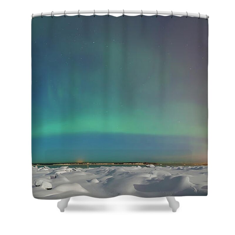 Panoramic Shower Curtain featuring the photograph The Northern Lights Shine Above The by Kevin Smith / Design Pics