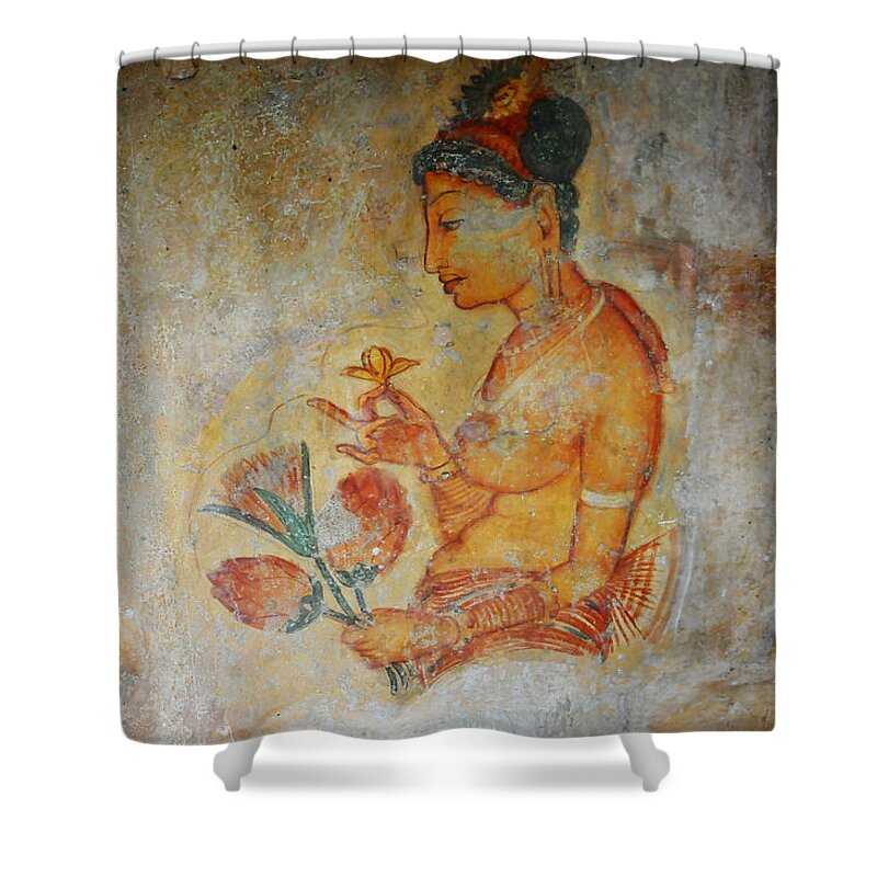 Sri Lanka Shower Curtain featuring the photograph The Ode for the Women Beauty I. Sigiriyan Lady with Flowers. Sigiriya. Sri Lanka by Jenny Rainbow