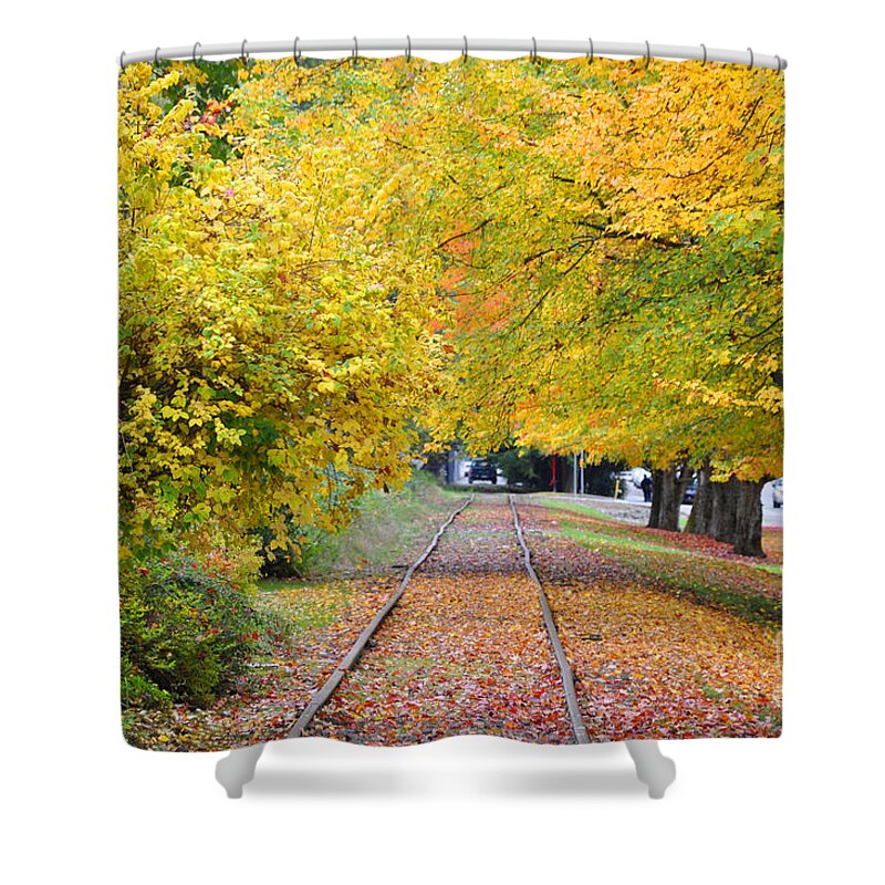 Autumn Shower Curtain featuring the painting The Tracks by Kirt Tisdale