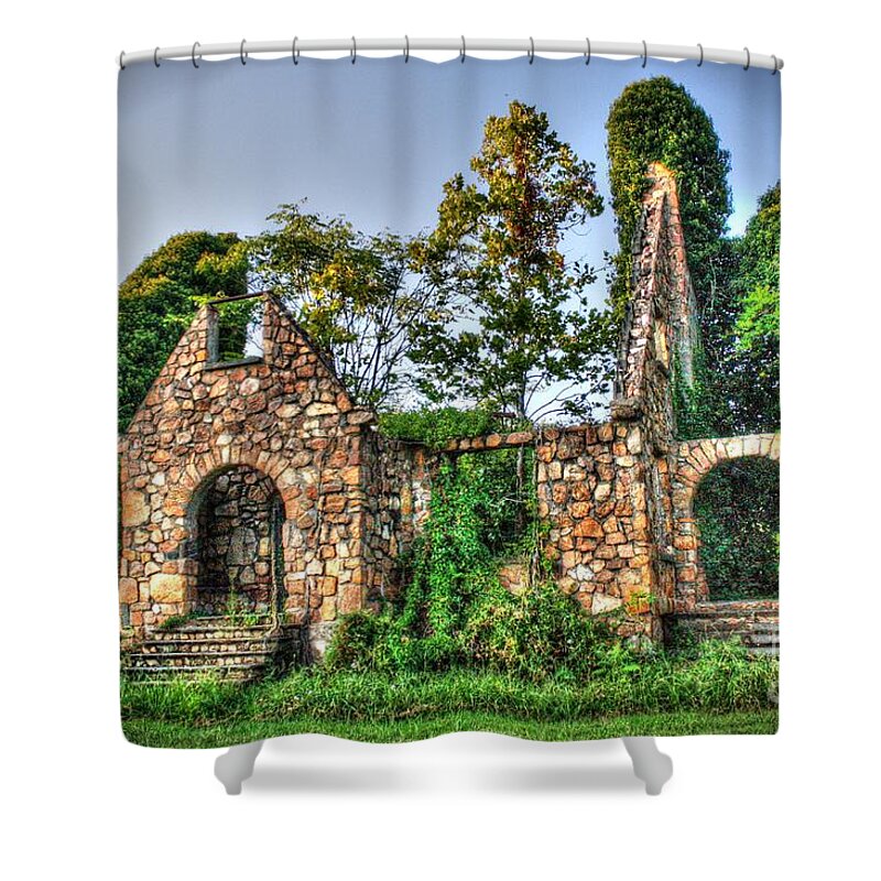 Decay Shower Curtain featuring the digital art The Olde Stone Church by Dan Stone