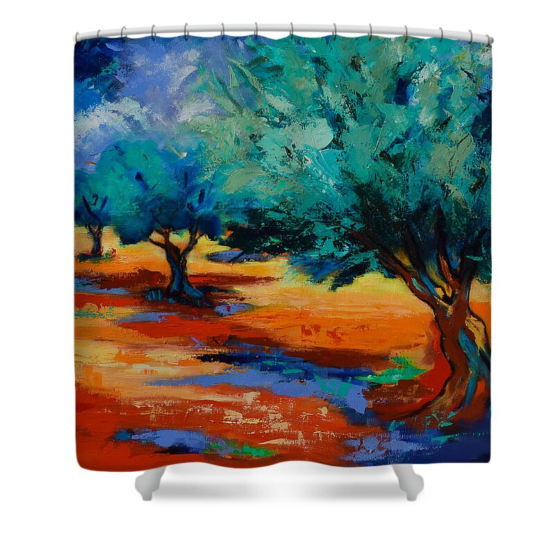 Landscape Shower Curtain featuring the painting The Olive Trees Dance by Elise Palmigiani