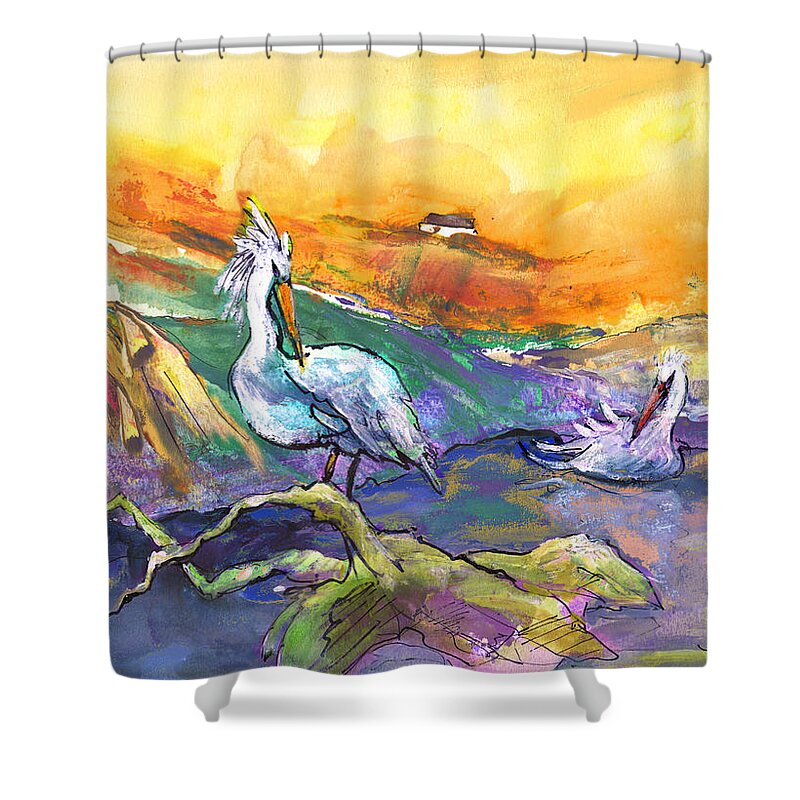 Fantasy Shower Curtain featuring the painting The Pelican Affair by Miki De Goodaboom