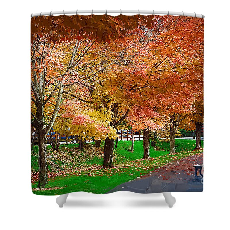 Fall Shower Curtain featuring the painting Fall Trees And The Picnic Table by Kirt Tisdale