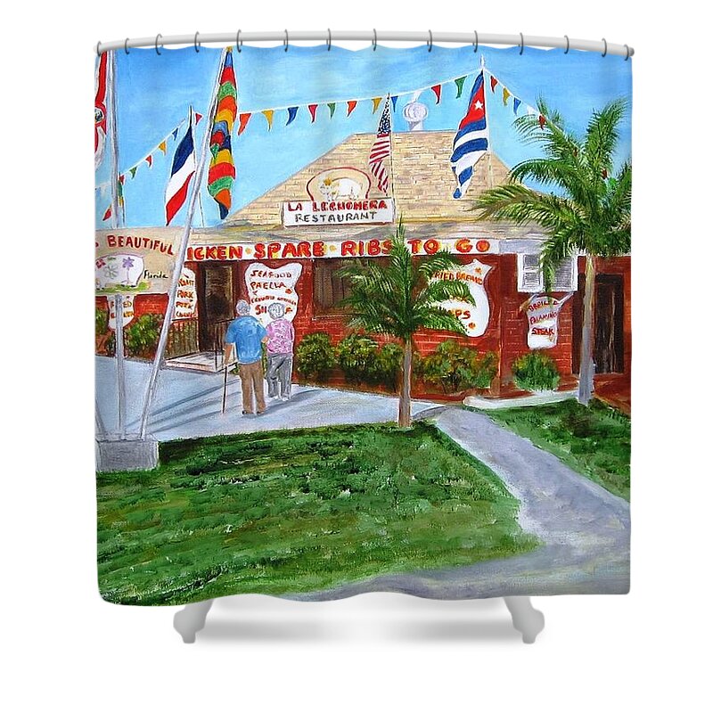 Key West Shower Curtain featuring the painting The Pig Restaurant by Linda Cabrera